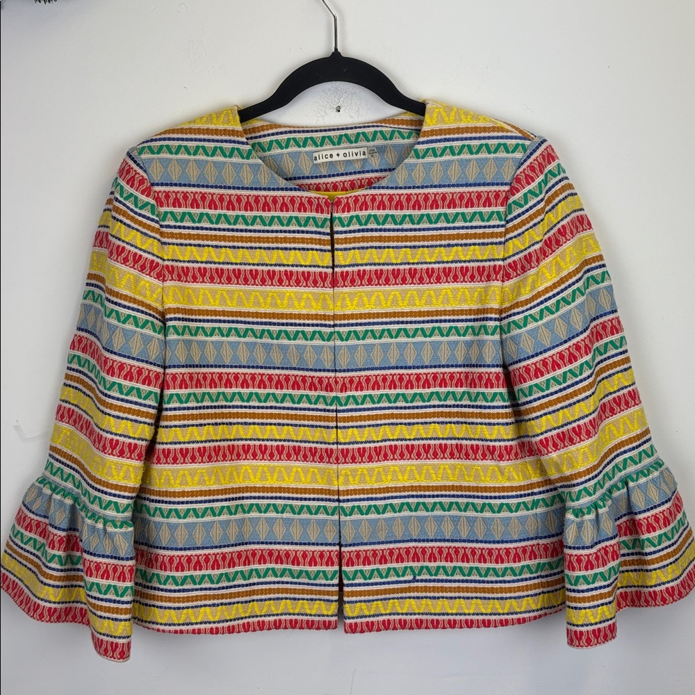 Alice + Olivia Kidman Printed Stripe Ruffle Cuff Jacket/ Size Medium